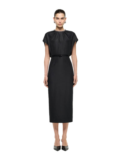 Silk Jacquard Cape Midi Dress Black
