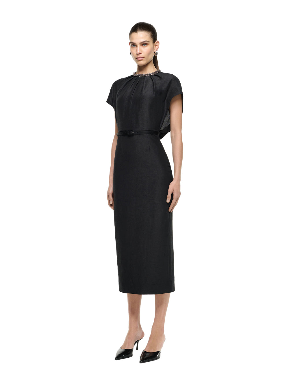 Silk Jacquard Cape Midi Dress Black