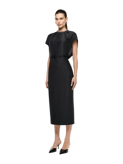 Silk Jacquard Cape Midi Dress Black