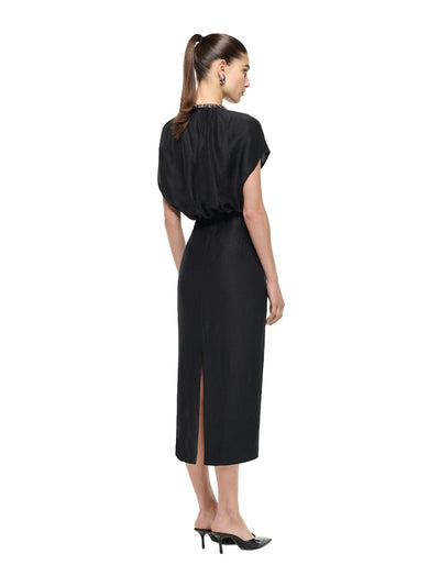 Silk Jacquard Cape Midi Dress Black