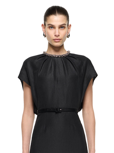 Silk Jacquard Cape Midi Dress Black