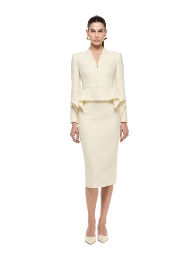 Boucle V Neck Jacket With Peplum Cream