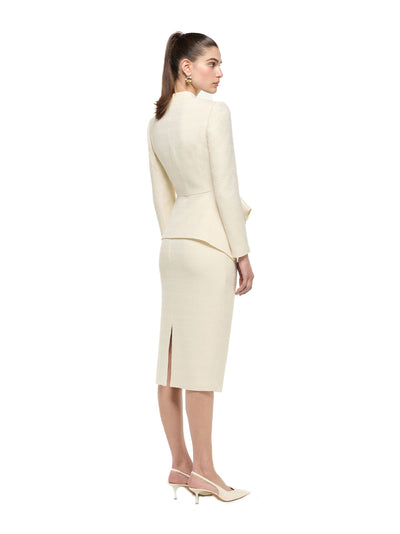 Boucle V Neck Jacket With Peplum Cream