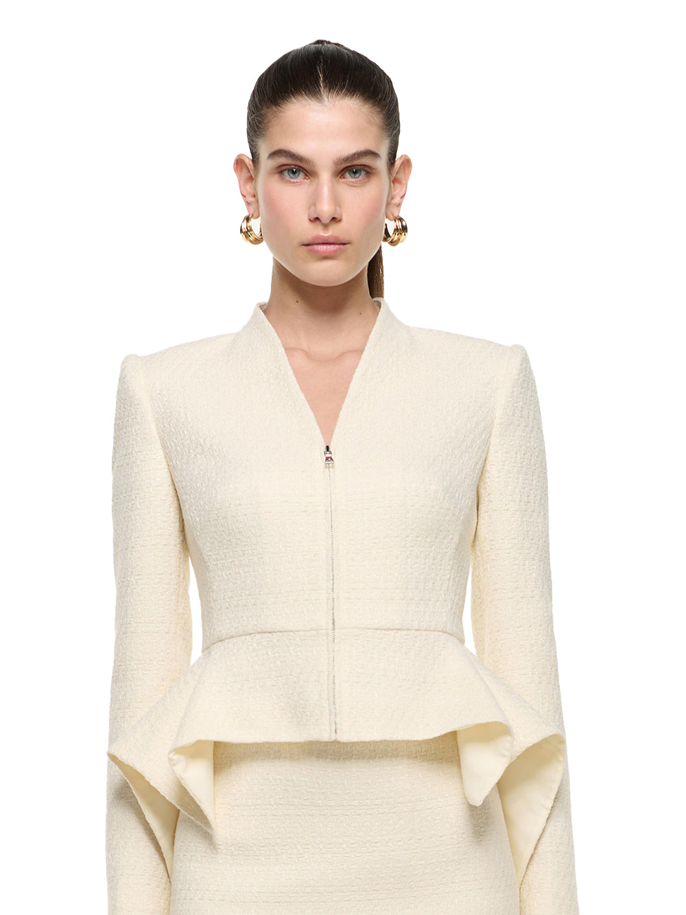 Boucle V Neck Jacket With Peplum Cream