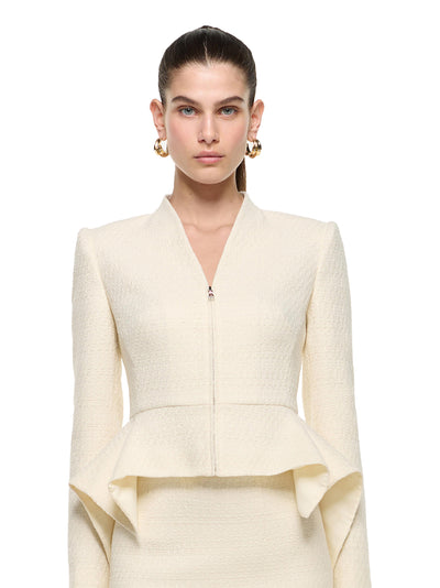 Boucle V Neck Jacket With Peplum Cream
