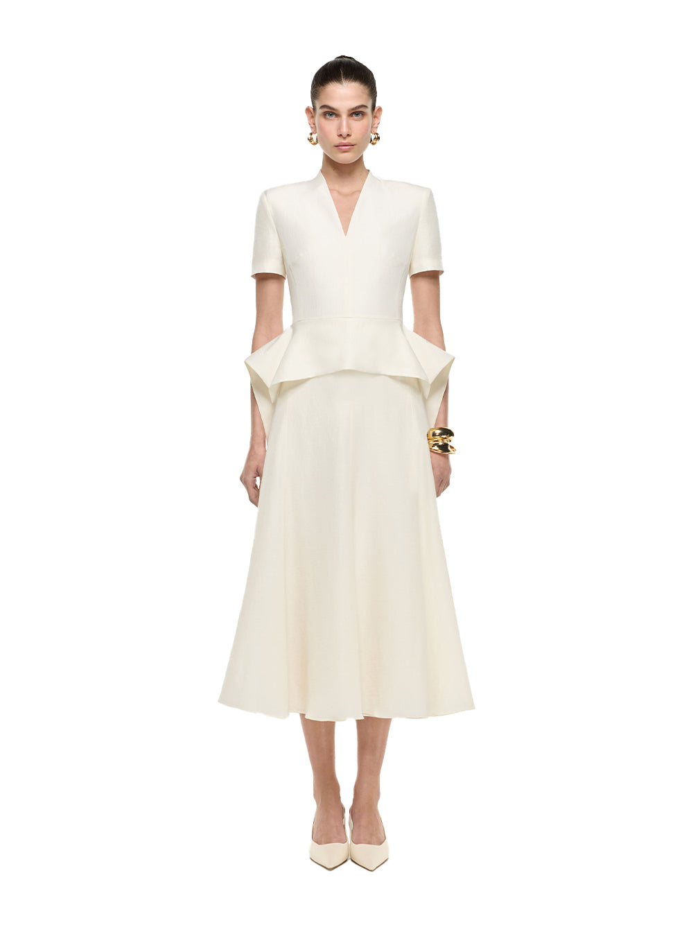 V Neck Peplum Silk Jacquard Midi Dress Cream