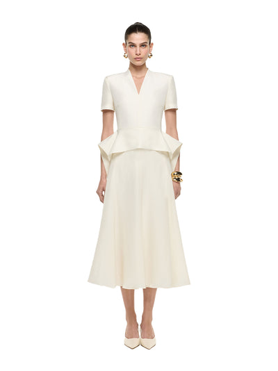 V Neck Peplum Silk Jacquard Midi Dress Cream