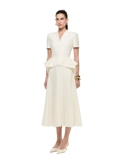 V Neck Peplum Silk Jacquard Midi Dress Cream