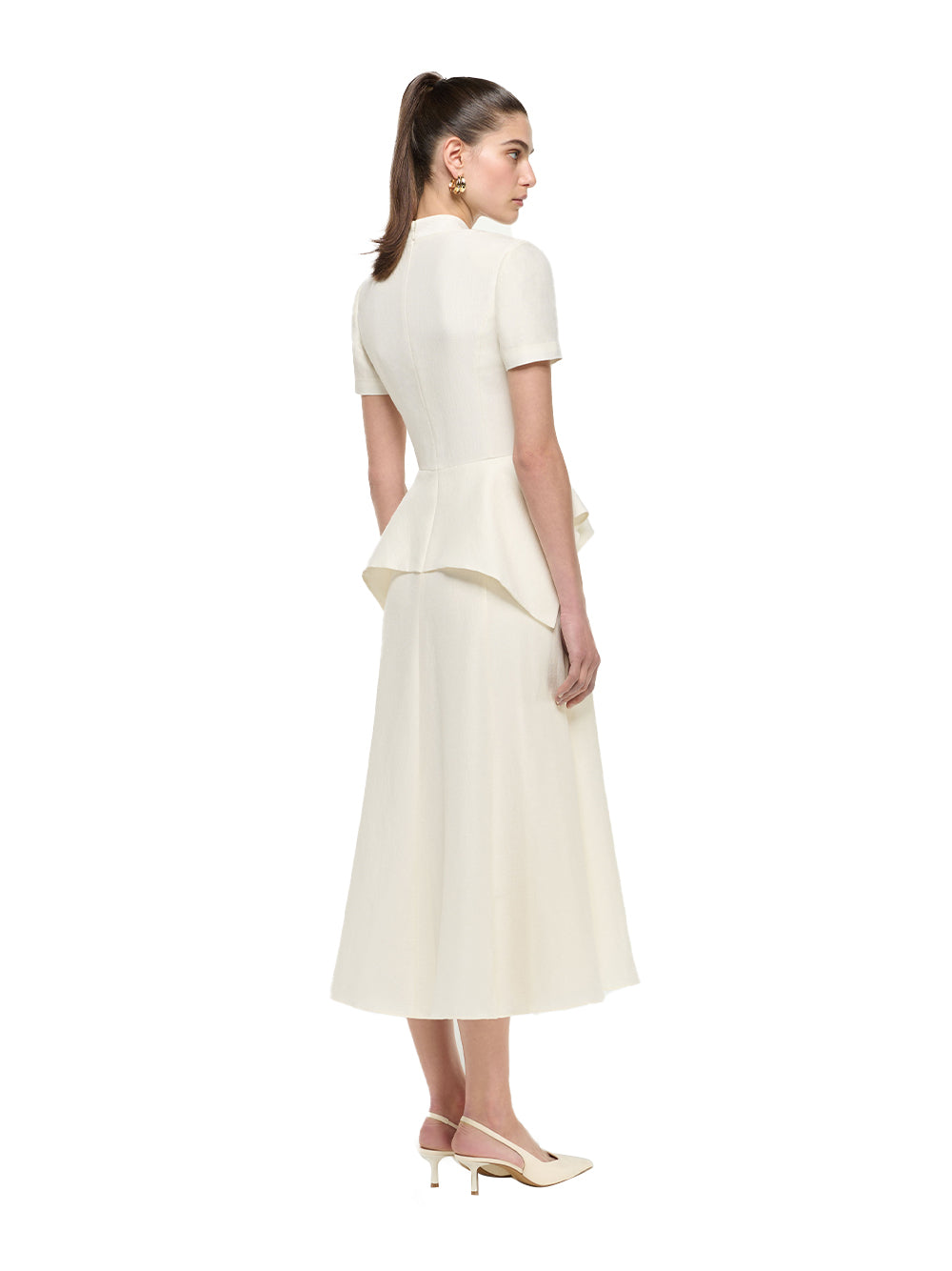 V Neck Peplum Silk Jacquard Midi Dress Cream