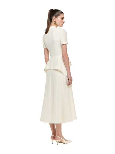 V Neck Peplum Silk Jacquard Midi Dress Cream