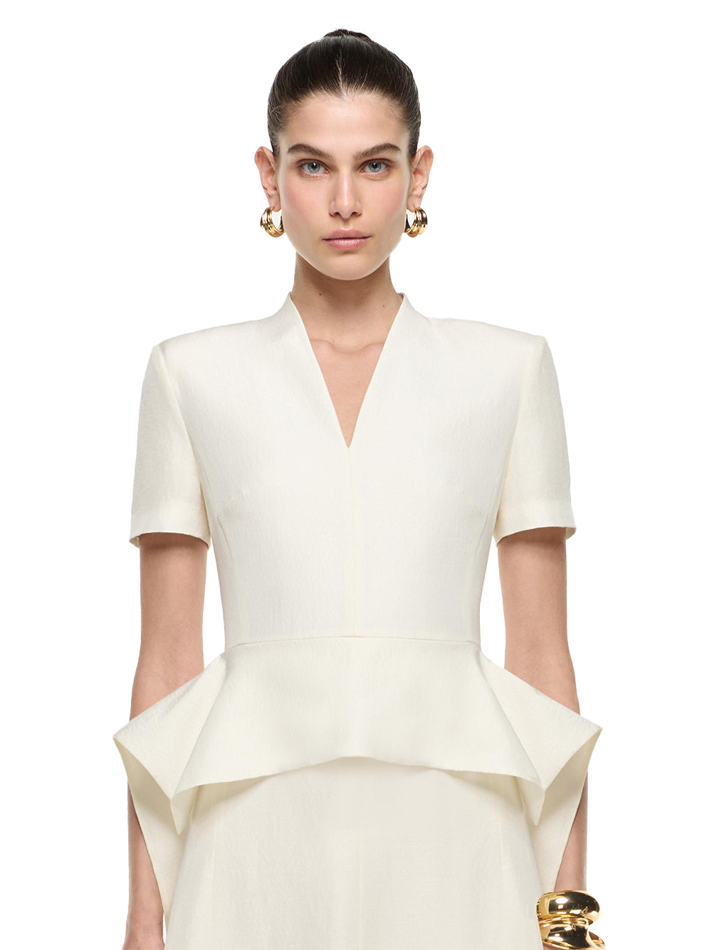 V Neck Peplum Silk Jacquard Midi Dress Cream