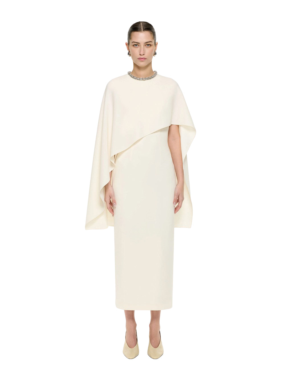 Heavy Cady Embellished Cape Midi Dreshort Sleeve Cream