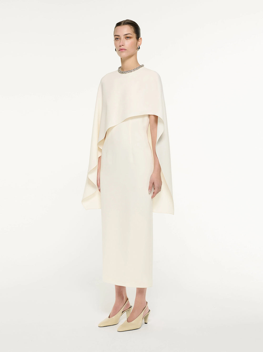 Heavy Cady Embellished Cape Midi Dreshort Sleeve Cream
