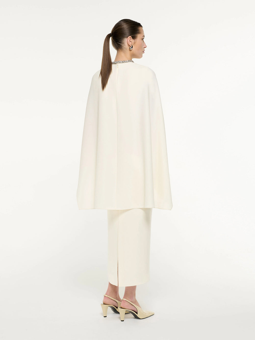 Heavy Cady Embellished Cape Midi Dreshort Sleeve Cream