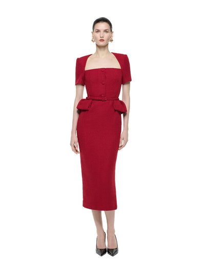 Short Sleeve Boucle Midi Dress (Red)