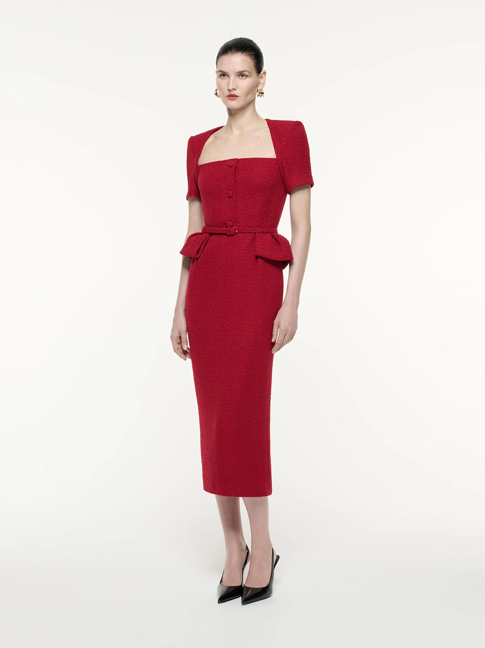 Short Sleeve Boucle Midi Dress (Red)