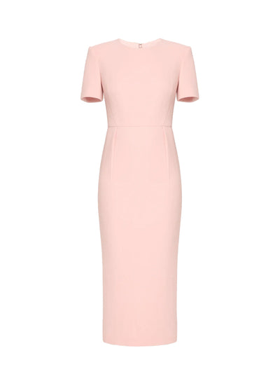 Short Sleeve Wool Crepe Midi Dress (Pink)