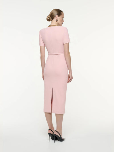 Short Sleeve Wool Crepe Midi Dress (Pink)
