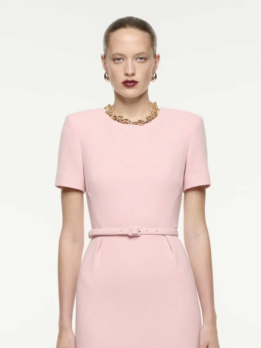 Short Sleeve Wool Crepe Midi Dress (Pink)