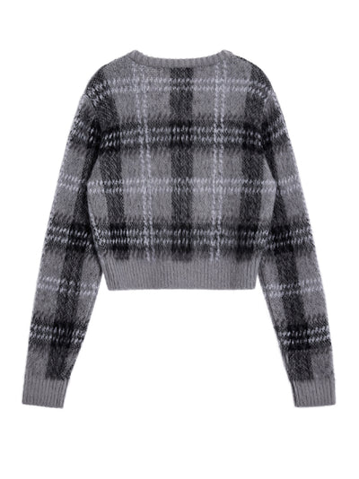 Check Pattern Hairy Knit Cardigan (Grey)