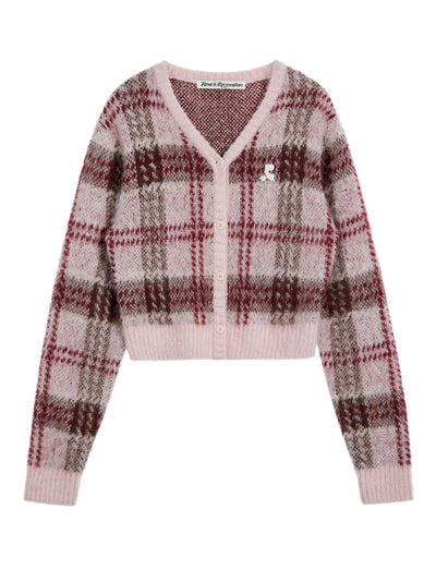 Check Pattern Hairy Knit Cardigan Pink