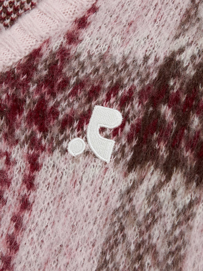 Check Pattern Hairy Knit Cardigan Pink