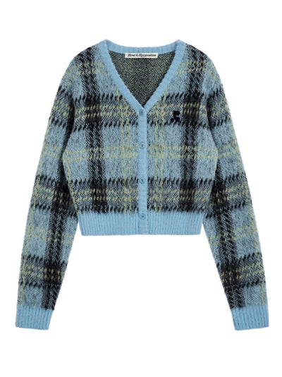 Check Pattern Hairy Knit Cardigan Sky Blue