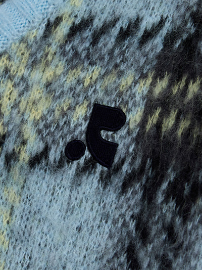 Check Pattern Hairy Knit Cardigan Sky Blue