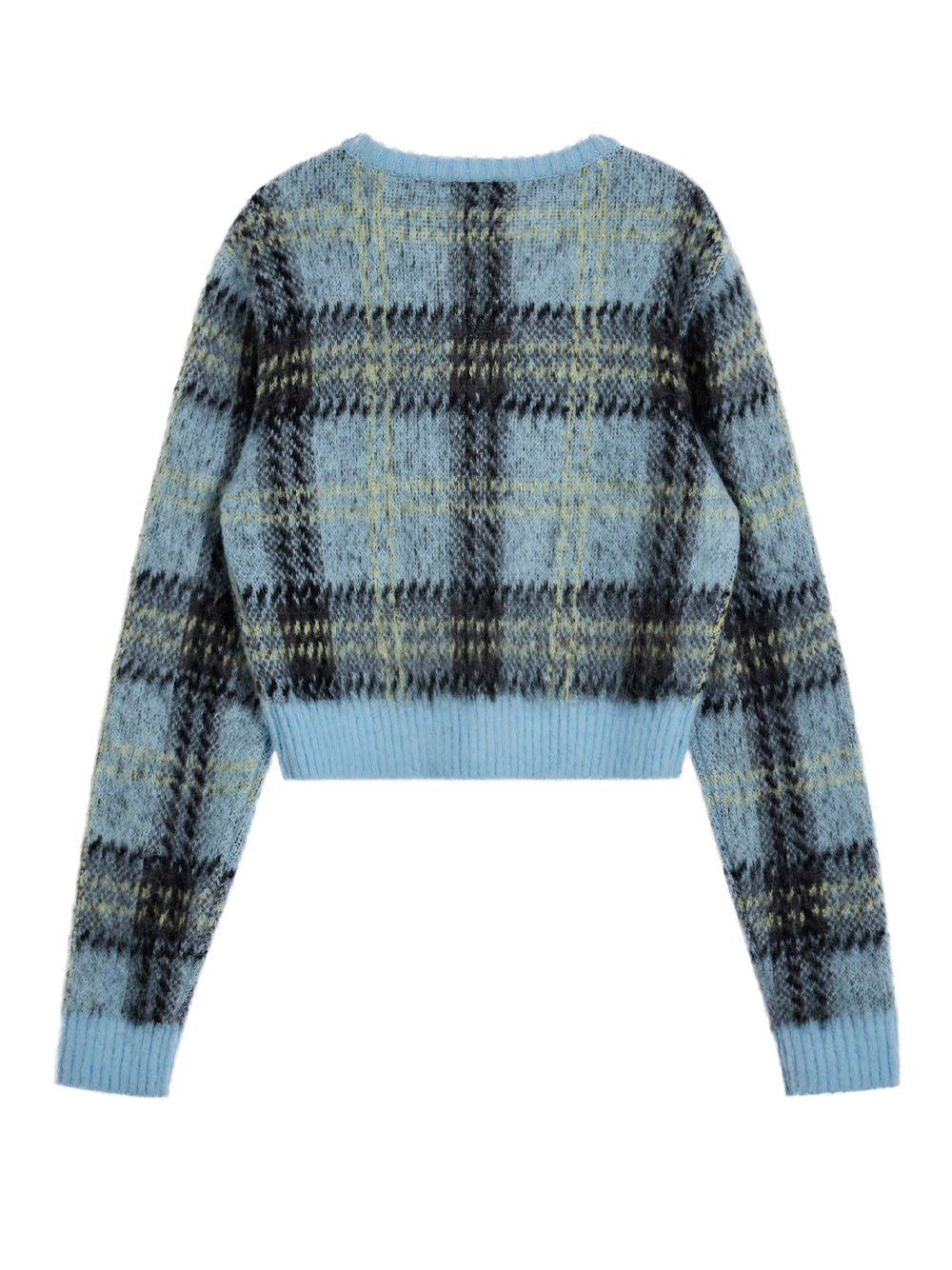 Check Pattern Hairy Knit Cardigan Sky Blue