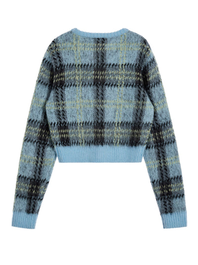 Check Pattern Hairy Knit Cardigan Sky Blue