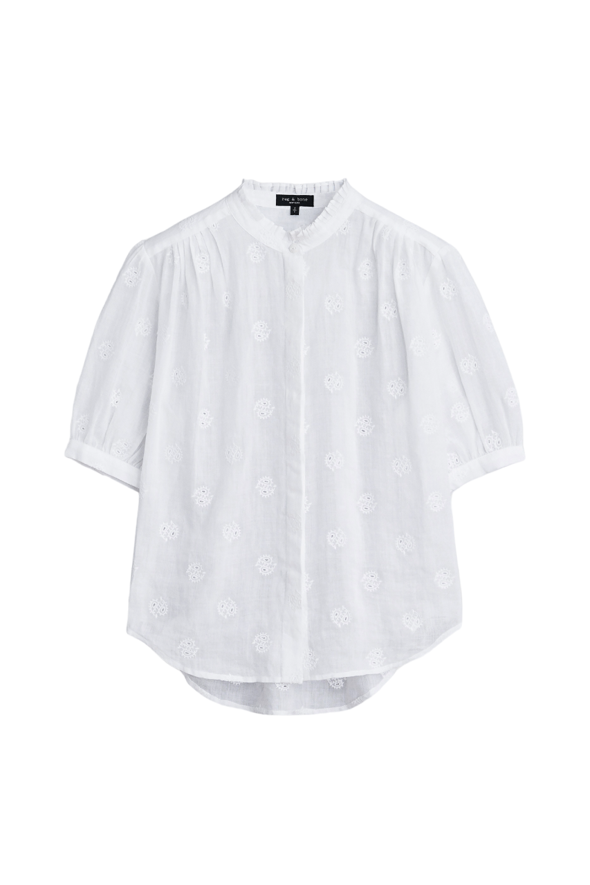 Jordan Embroidered Linen Top (White Paisley)