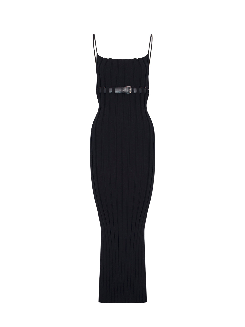 Ribbed Long Tank Dress With Leather Belt (Black)