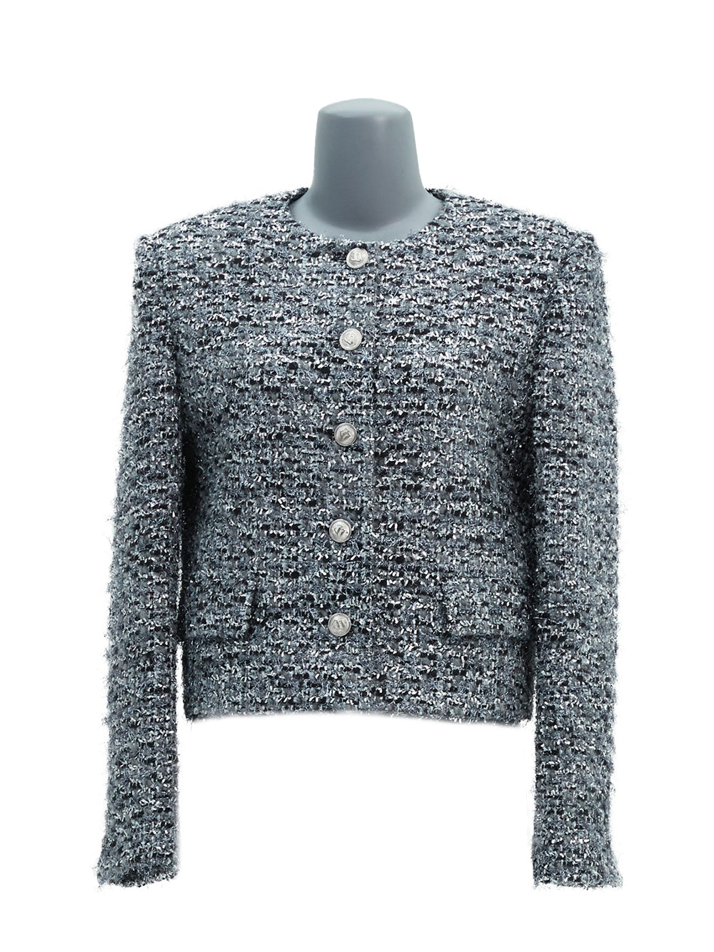 Round Neck Crop Tweed Jacket (Grey)