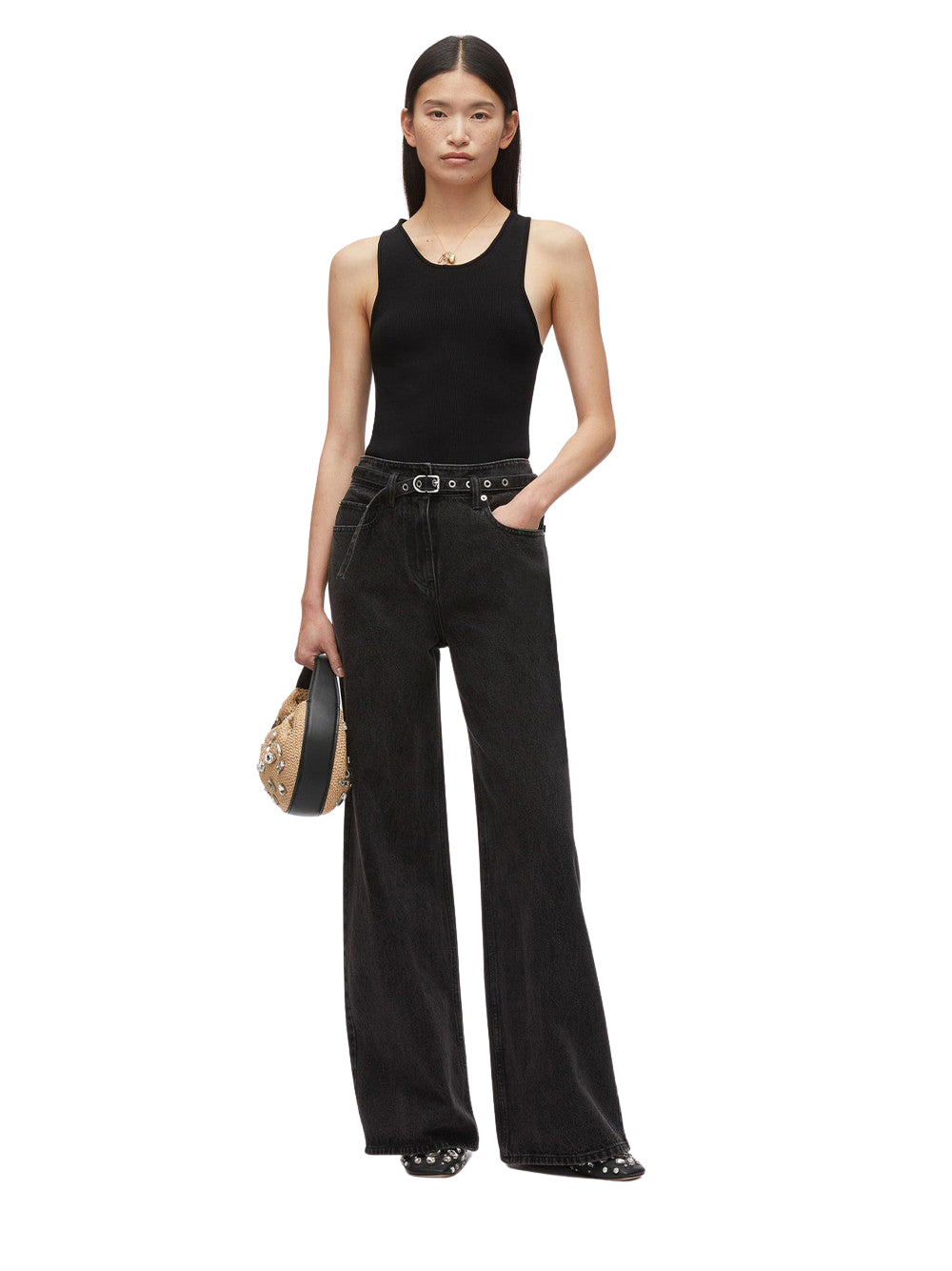 Denim Wide Leg Belted Jeans Washed Black