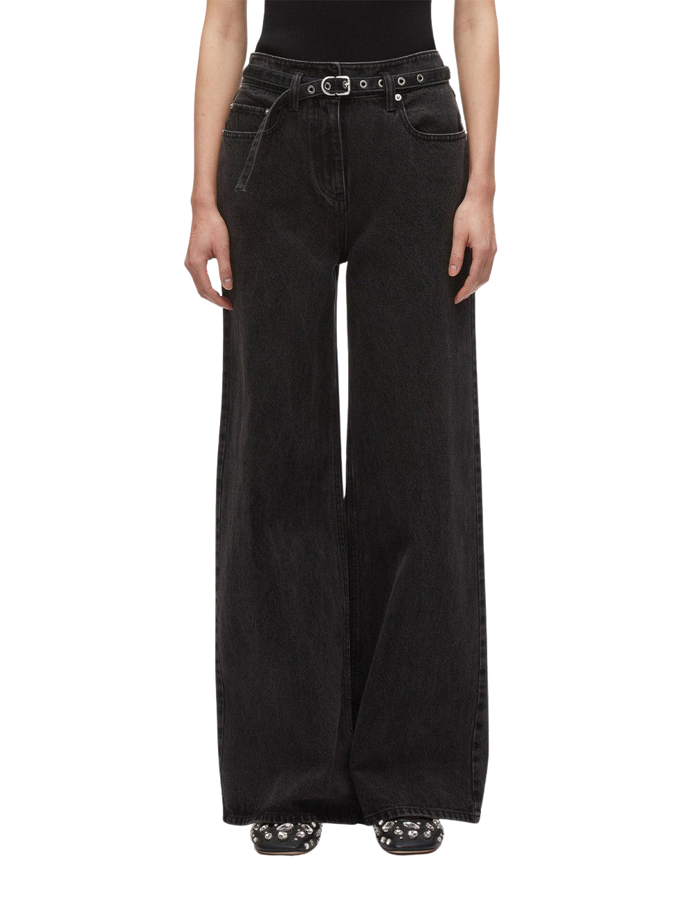 Denim Wide Leg Belted Jeans Washed Black