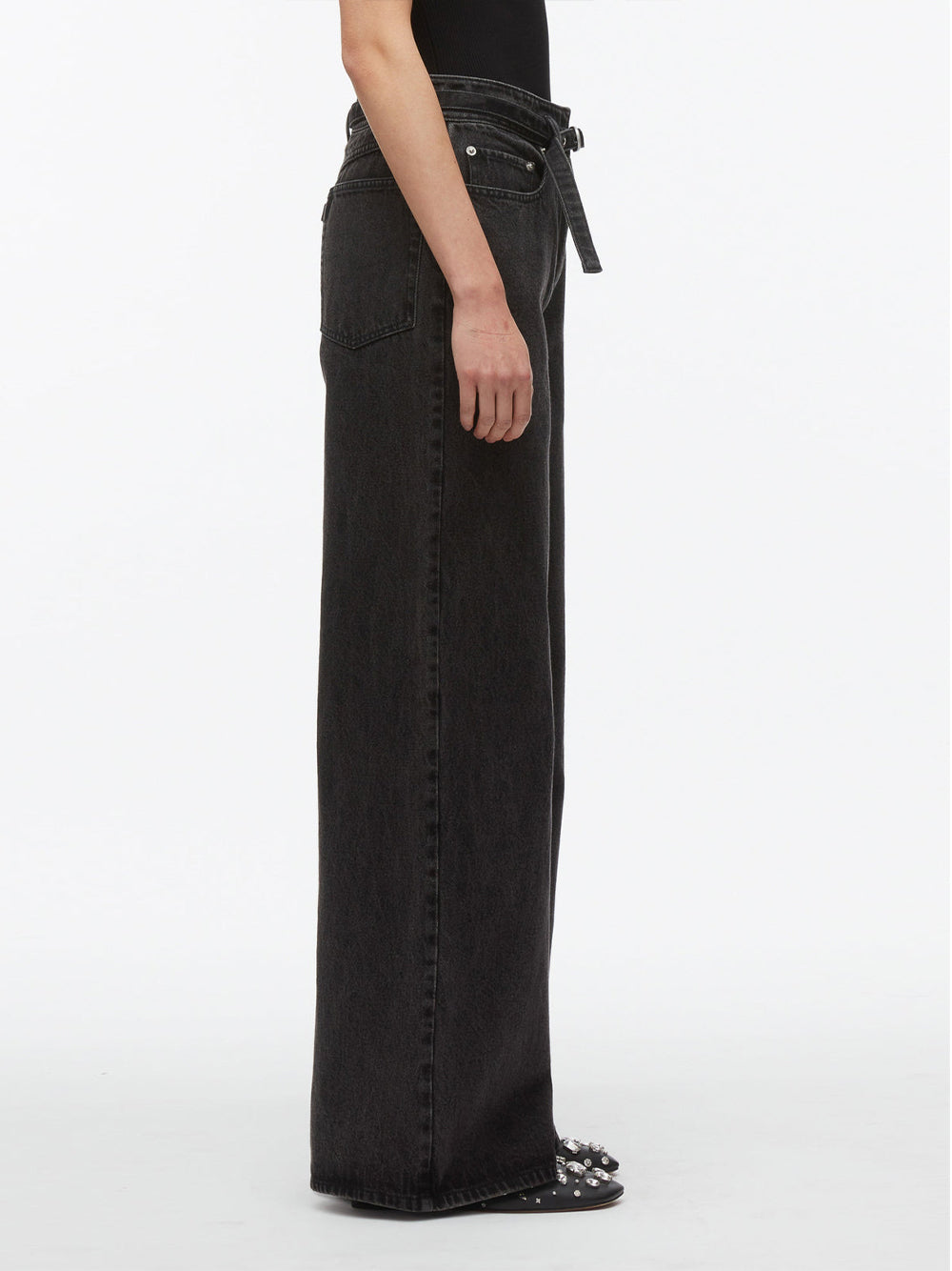 Denim Wide Leg Belted Jeans Washed Black