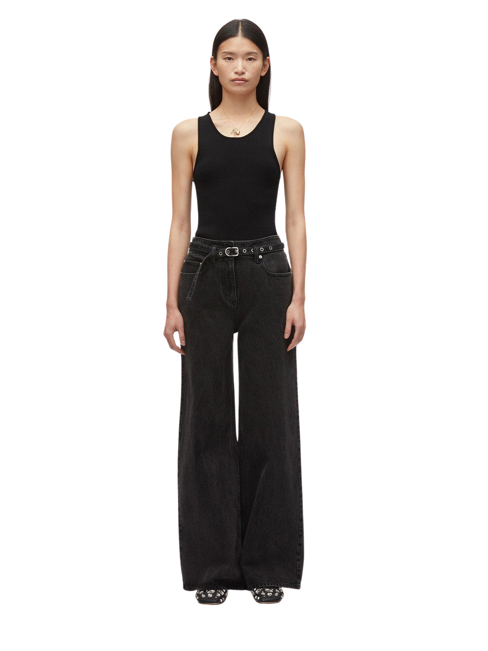 Denim Wide Leg Belted Jeans Washed Black