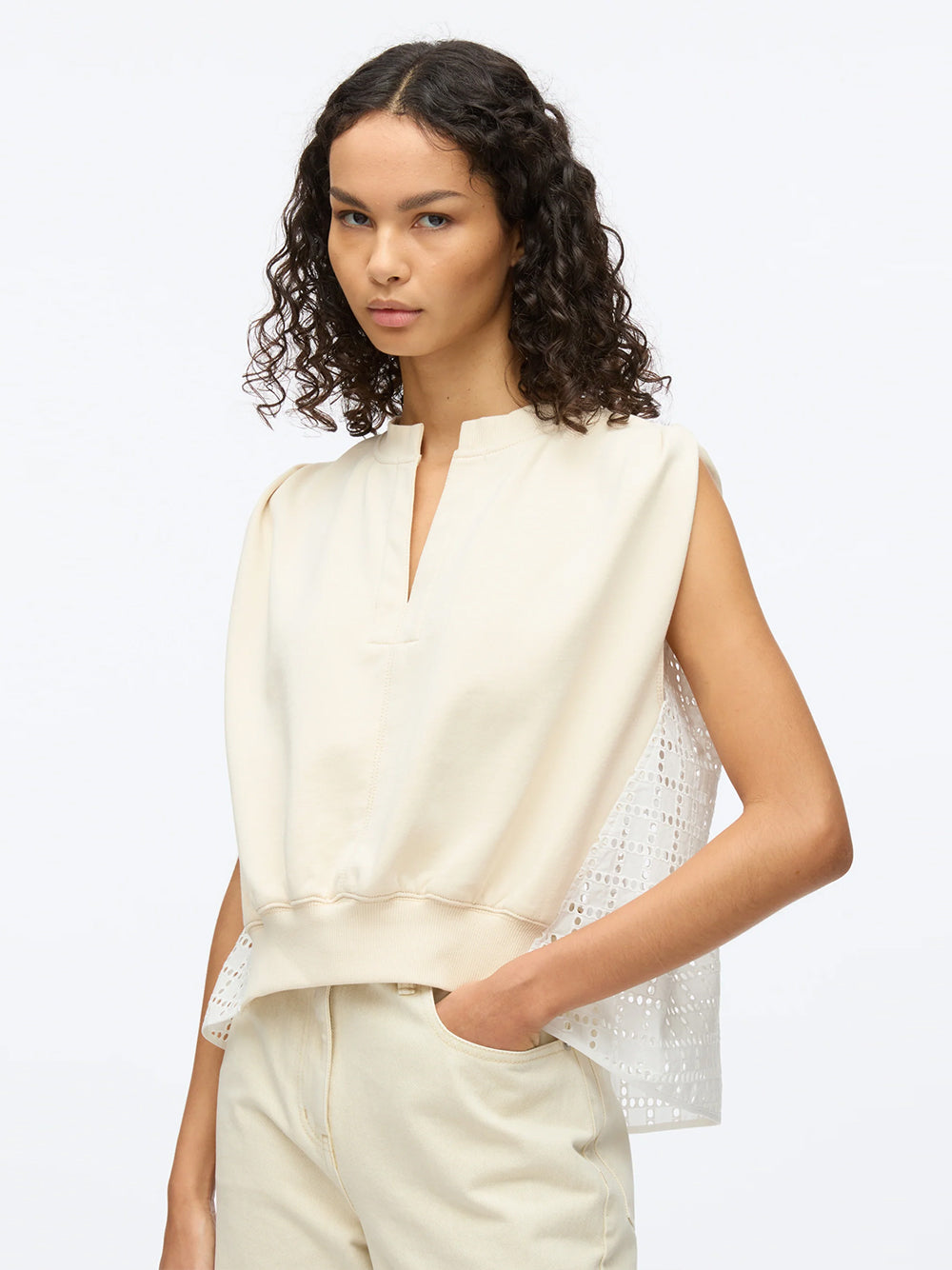 French Terry Top with Broiderie Anglaise Combo (Ecru-White)