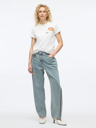 Cropped Tee With Bouquet Embroidery (White Multi)