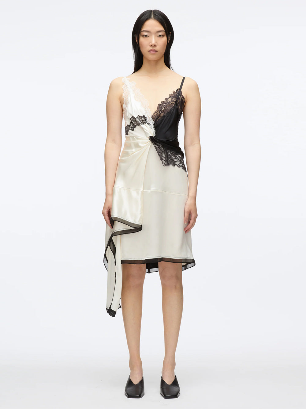 Liquid Satin Twist Slip Dress (Ivory-Black)