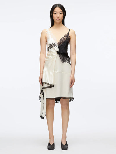 Liquid Satin Twist Slip Dress (Ivory-Black)