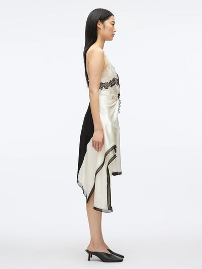 Liquid Satin Twist Slip Dress (Ivory-Black)