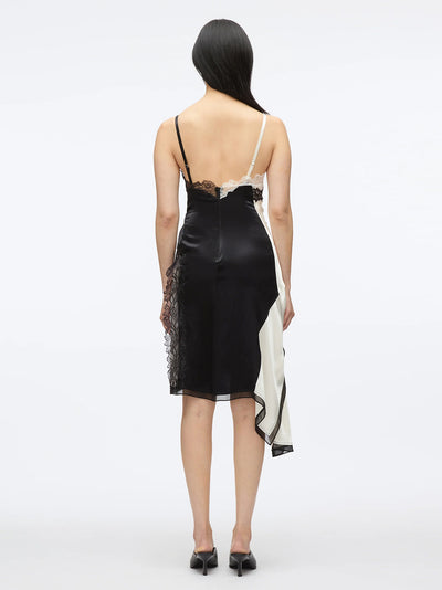 Liquid Satin Twist Slip Dress (Ivory-Black)