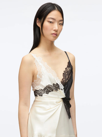 Liquid Satin Twist Slip Dress (Ivory-Black)