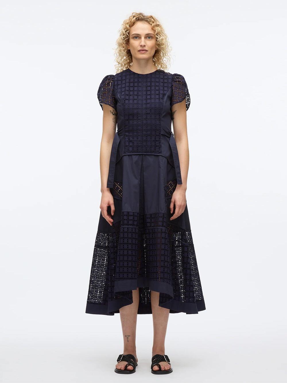 Broiderie Anglaise Grid Tulip Dress (Navy)
