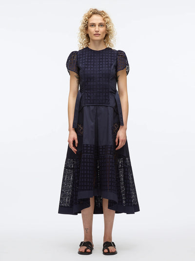 Broiderie Anglaise Grid Tulip Dress (Navy)