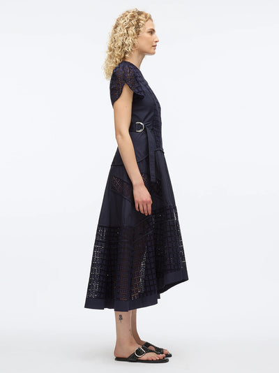 Broiderie Anglaise Grid Tulip Dress (Navy)