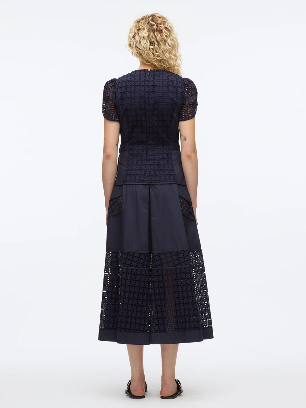 Broiderie Anglaise Grid Tulip Dress (Navy)