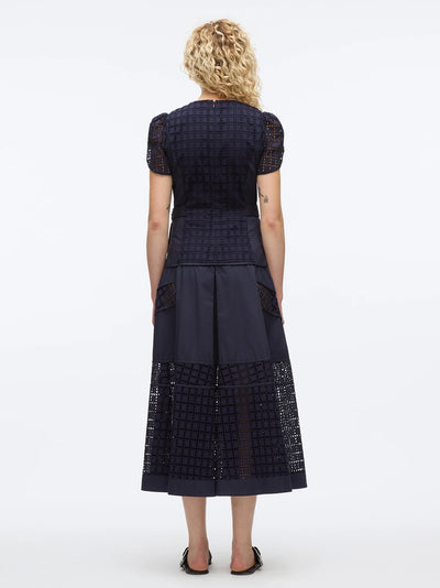 Broiderie Anglaise Grid Tulip Dress (Navy)