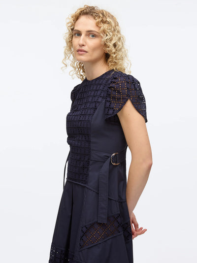 Broiderie Anglaise Grid Tulip Dress (Navy)